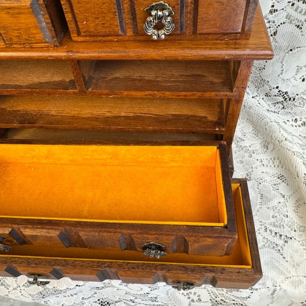 Vintage Wood Jewelry Music Box Miniature Dresser 4 Drawer Orange Lining Brown